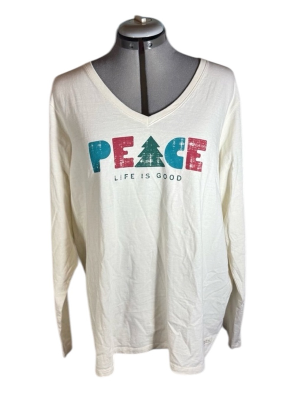 Life is Good Womens XXL Peace Tree Graphic Long Sleeve V-Neck T-Shirt Cream